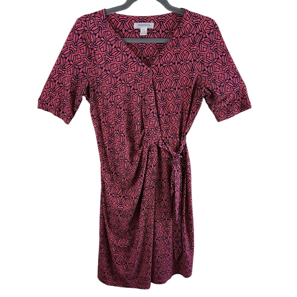 Motherhood Maternity Navy Blue Pink Short Sleeve Jersey Knit Wrap Dress Size S